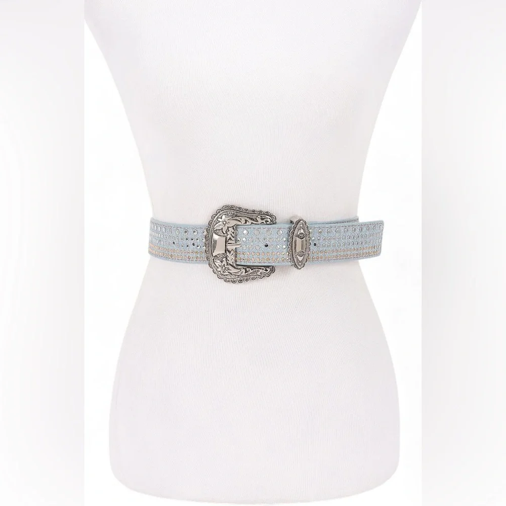 Blue Rhinestone Western Statement Belt with Gold or Silver Buckle